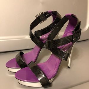 Bebe heels 6inch purple and silver Sz10 box 30